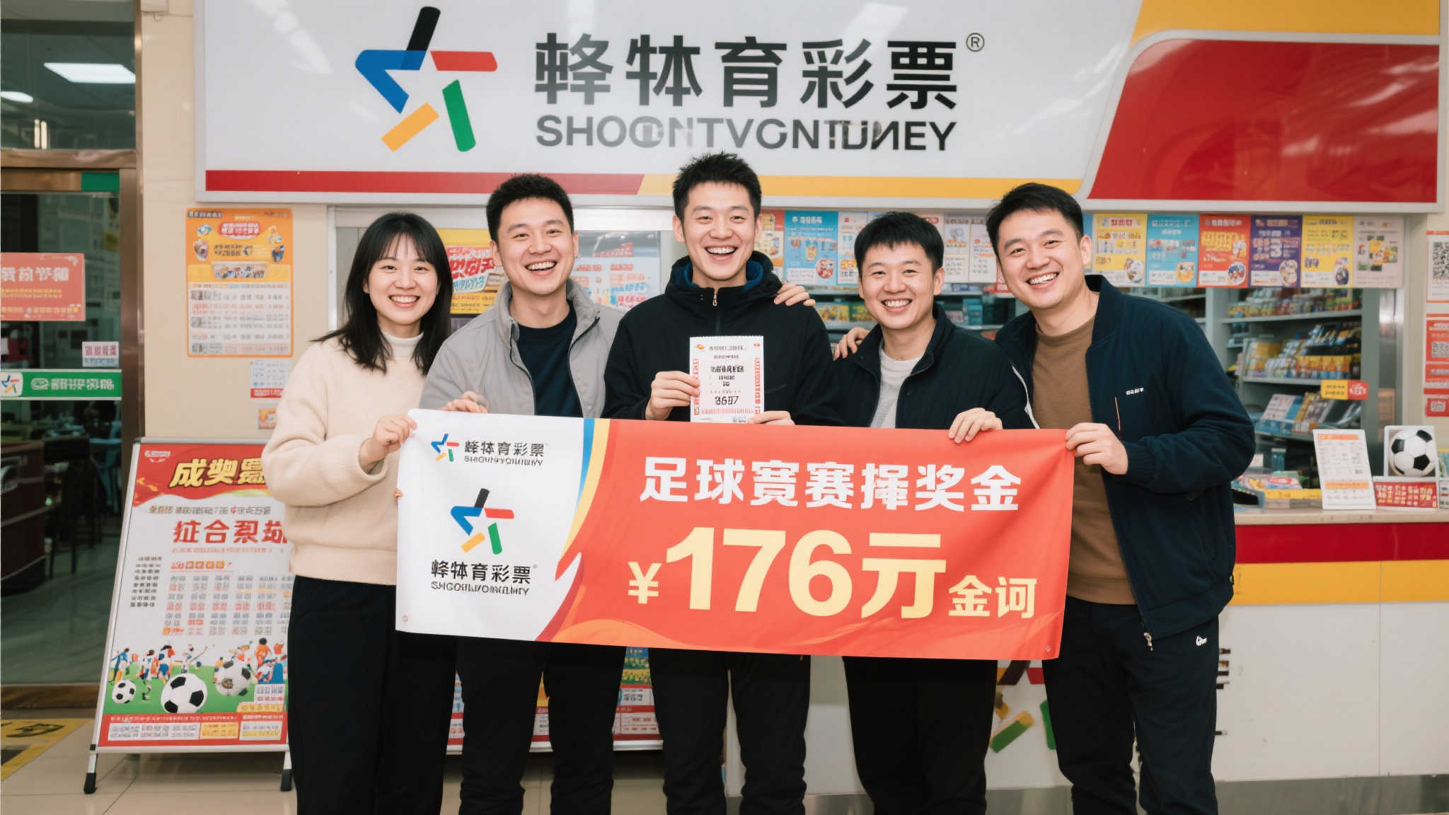 5人联手斩获足彩176万，喜提奖金露脸合影横幅留念！